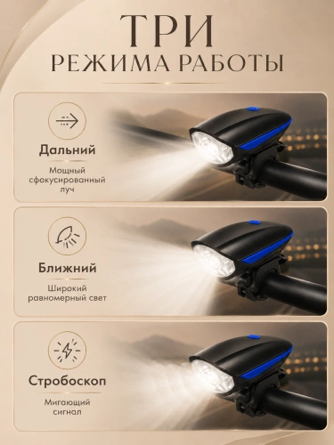 Велосипедная фара 250 лм с сигналом 140 дБ и USB-зарядкой, синяя фото 4 Велосипедная фара 250 лм с сигналом 140 дБ и USB-зарядкой, синяя фото 4