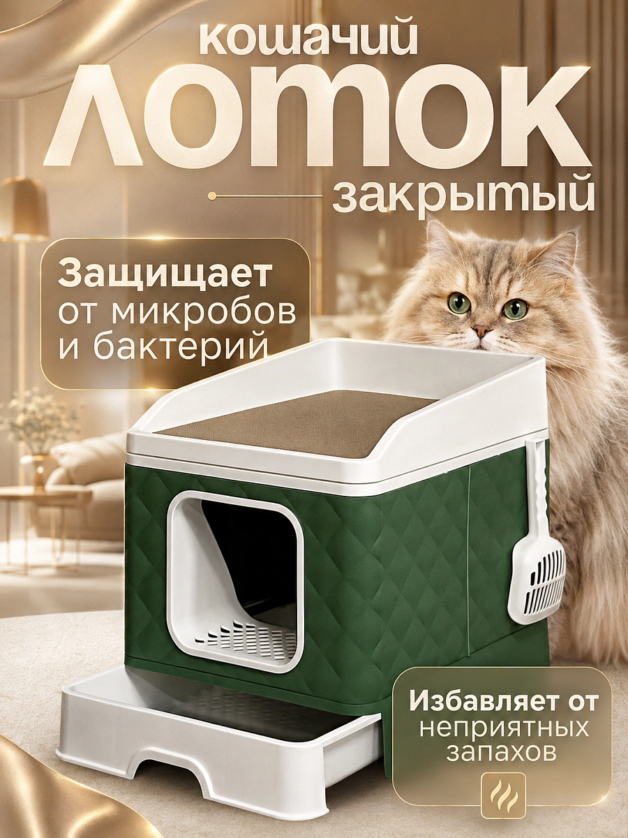 Лоток для кошек закрытый с когтеточкой, Закрытый туалет домик для животных, Зеленый