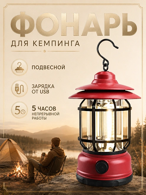 Лампа-фонарь кемпинговая аккумуляторная ретро, свет 360°, красная