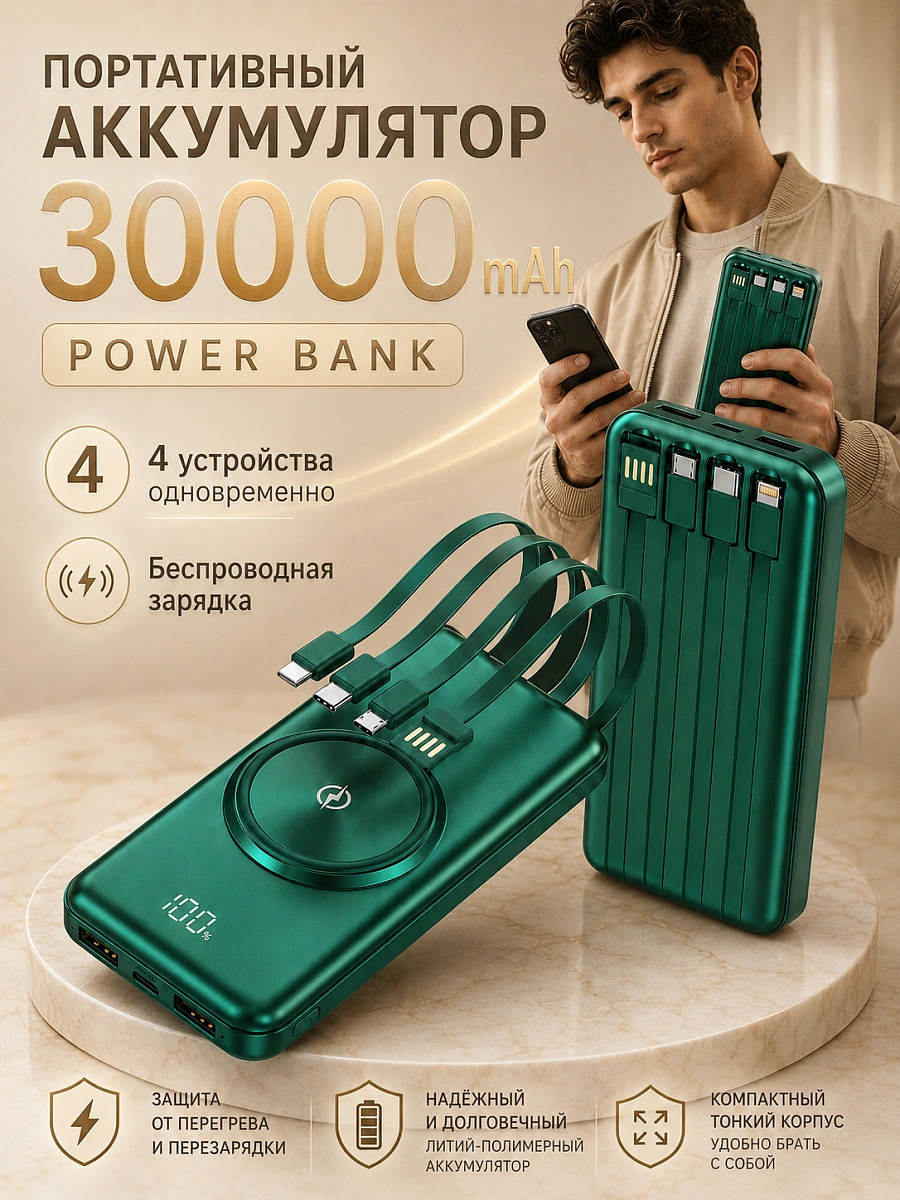 Внешний аккумулятор, Powerbank 30000 mAh, с беспроводной зарядкой, зеленый