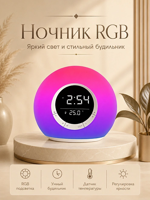 Ночник RGB с часами, Настольный портативный cветодиодный светильник, Будильник, 10 режимов подсветки, 3600 mAh