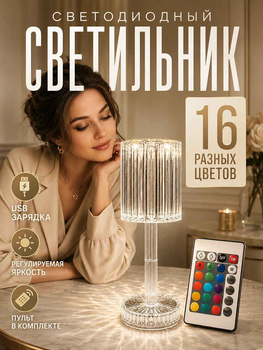 Светильник "CRYSTAL ONE", с сенсорным управлением, RGB подсветка, настольный