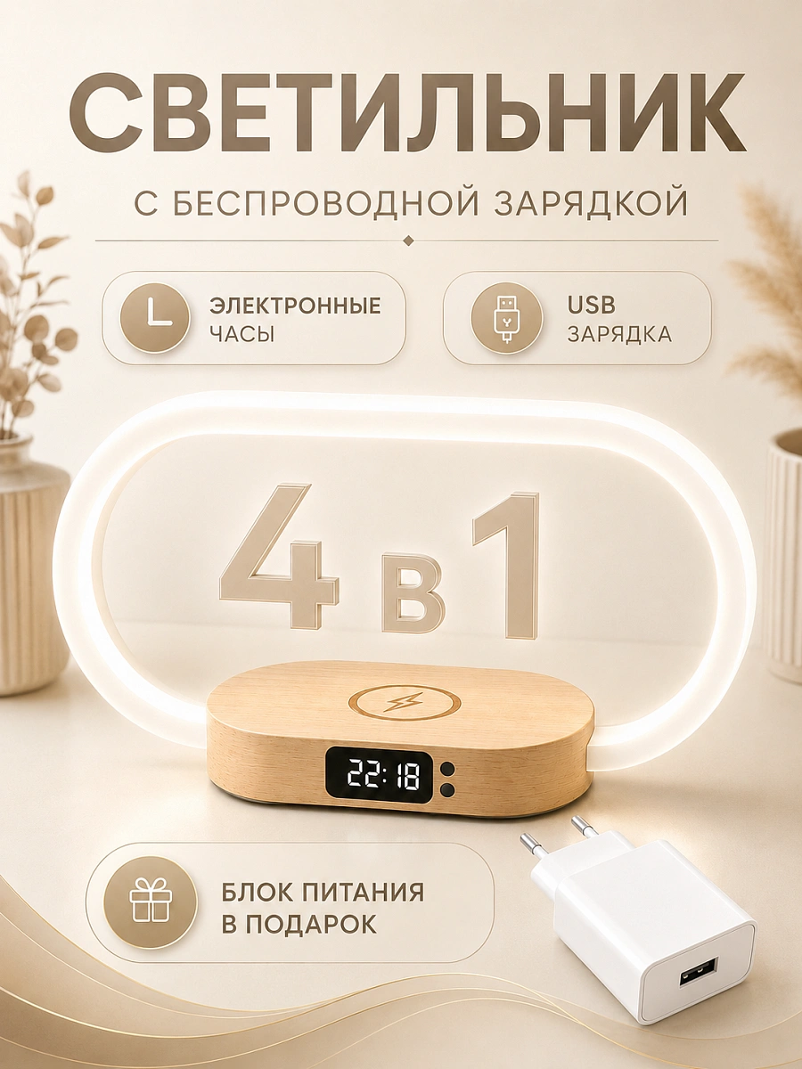 Cветильник-ночник с беспроводной зарядкой 4 в 1, Часы, Ночник, Беспроводная зарядка, Зарядка от USB