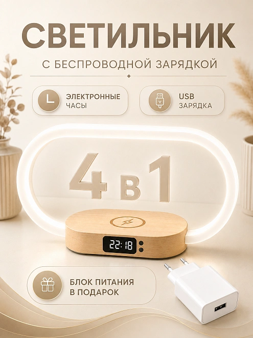 Cветильник-ночник с беспроводной зарядкой 4 в 1, Часы, Ночник, Беспроводная зарядка, Зарядка от USB