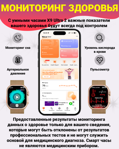 Умные смарт часы Х9 Ultra 2 с AMOLED дисплеем 2,2", Smart Watch, series 9, 45мм, 2 ремешка, Золотой фото 5