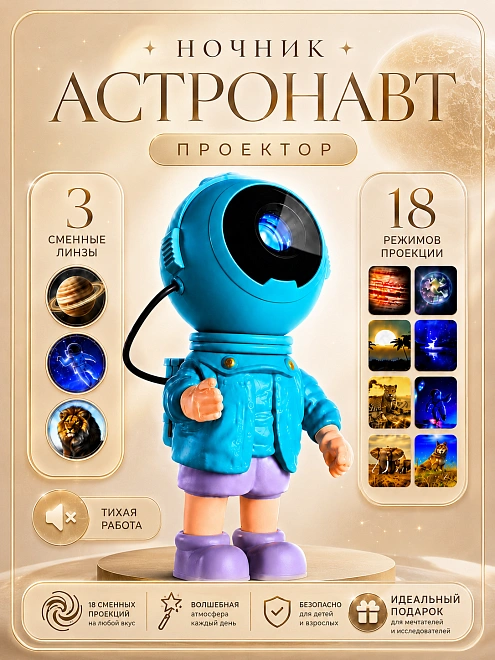 Ночник проектор Космонавт (Астронавт), Ночник проектор для детской, гостиной, 18 проекций, Бирюзовый