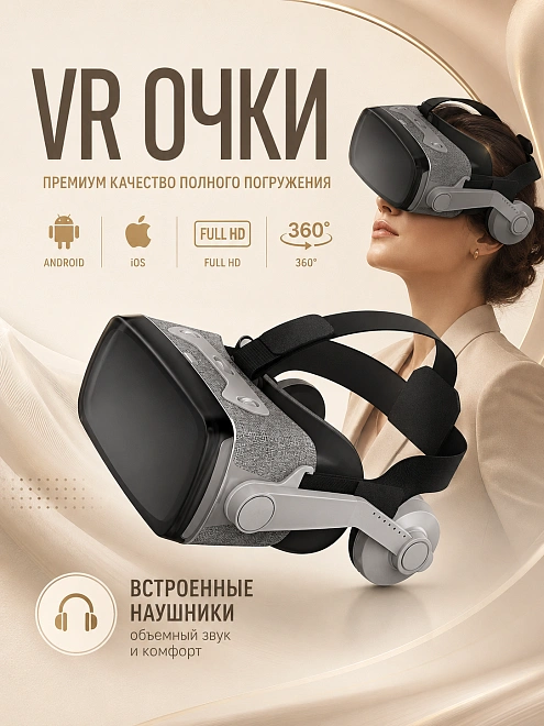 Очки виртуальной реальности для смартфона с наушниками, VR очки для игр на телефоне Android или iPhone, Cерый