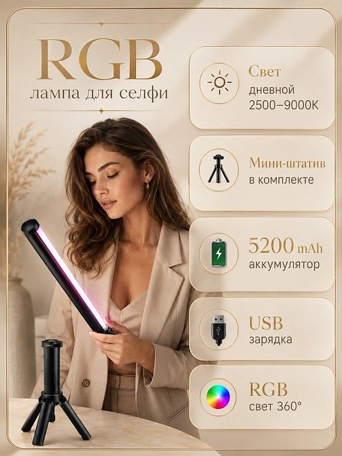 Cветодиодный светильник LED, неоновая лампа настольная RGB для фото и видео съемки 38 см, Штатив в комплекте, Черный
