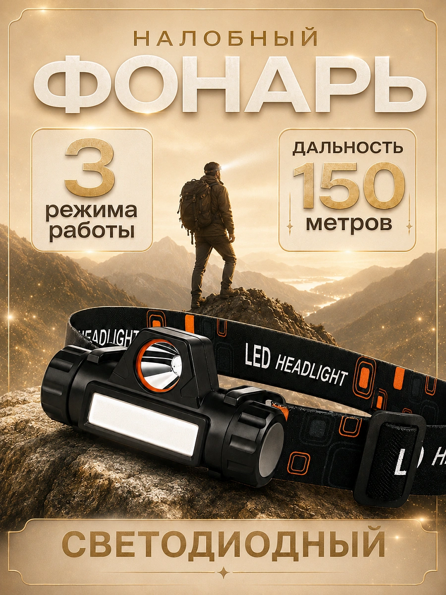 Фонарь налобный аккумуляторный влагозащищенный, несколько режимов, черный