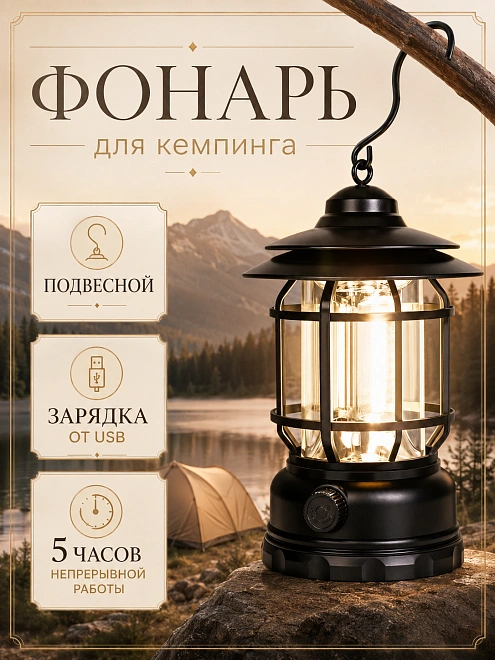 Фонарь кемпинговый аккумуляторный в ретро-стиле, Type-C, черный