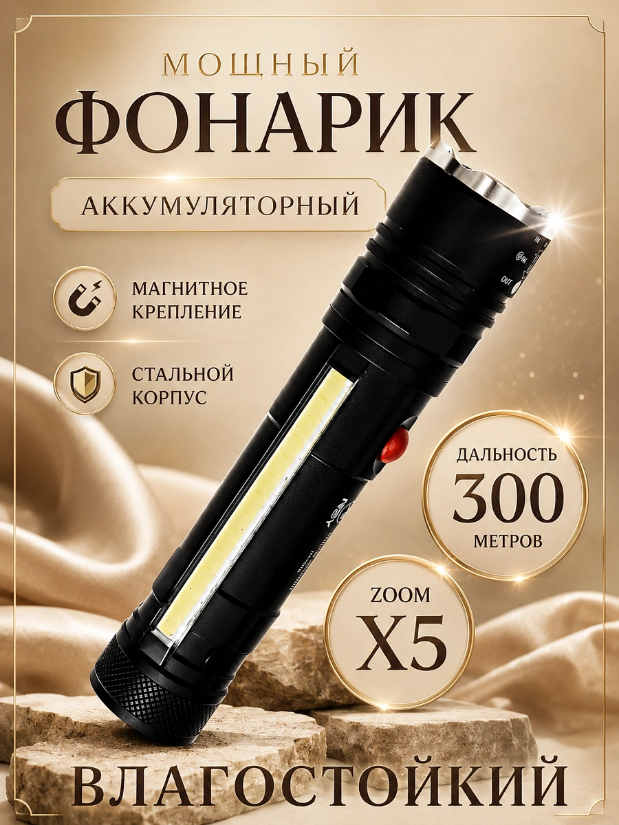 Фонарь карманный аккумуляторный с боковым светом, магнитом и зумом, черный