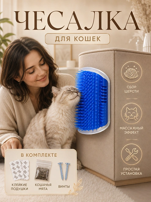 Угловая расческа массажная для кошек с кошачьей мятой, чесалка для кошек, синий