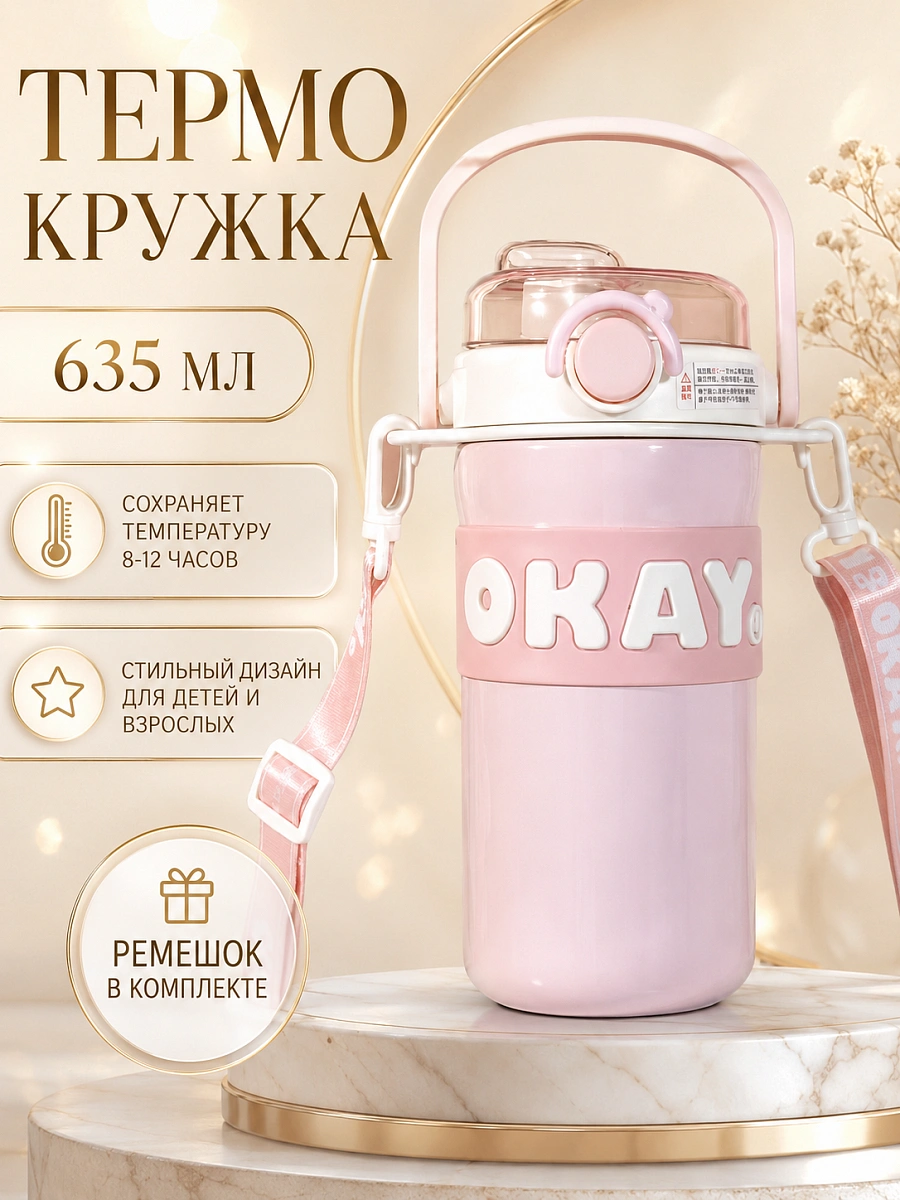 Термос детский с ремешком OKAY, Термобутылка с ручкой, Непроливайка для горячих напитков, 635 мл, Розовый