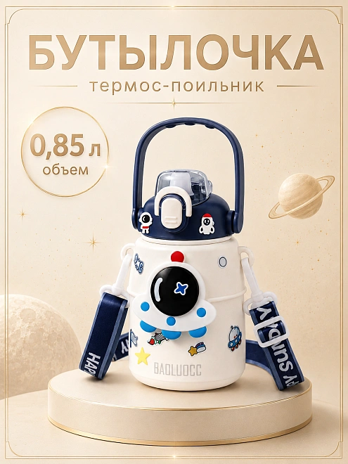Термос детский с ремешком Космос, Термобутылка для горячих напитков с ручкой, Непроливайка с кнопкой, 850мл, Белый