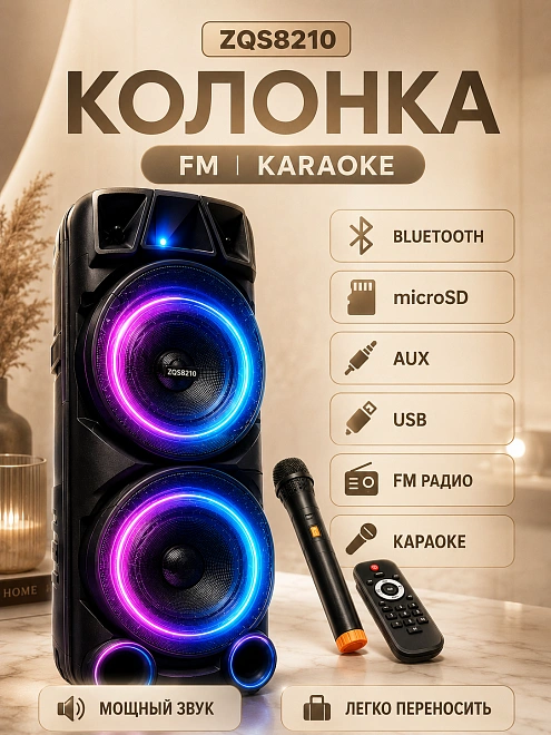 Беспроводная напольная колонка 8210, беспроводная портативная акустика, Bluetooth, подсветкой, FM, USB, AUX, micro SD