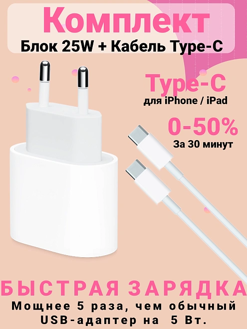 Сетевое зарядное устройство Premium Type-C 25W + кабель USB-C - USB-C, 2м для iPhone 15, iPad, AirPods