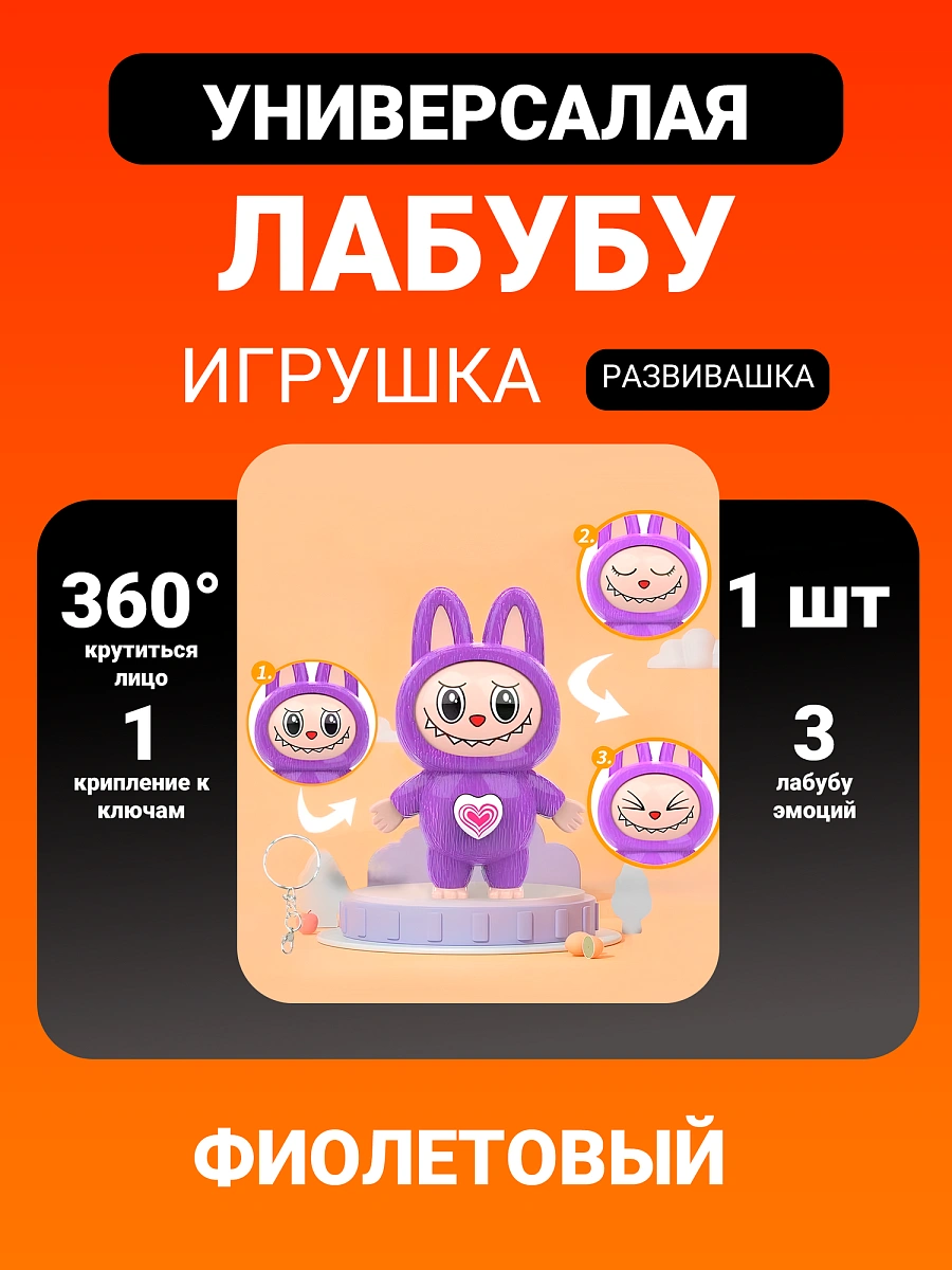 Лабубу, игрушка развивашка, 3 вида мордочек, брелок на рюкзак, брелок на ключи фиолетовый