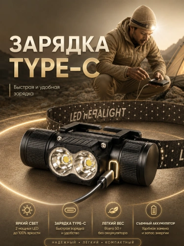 Фонарь налобный аккумуляторный с поворотом 90° и батареей 18650, черный фото 4