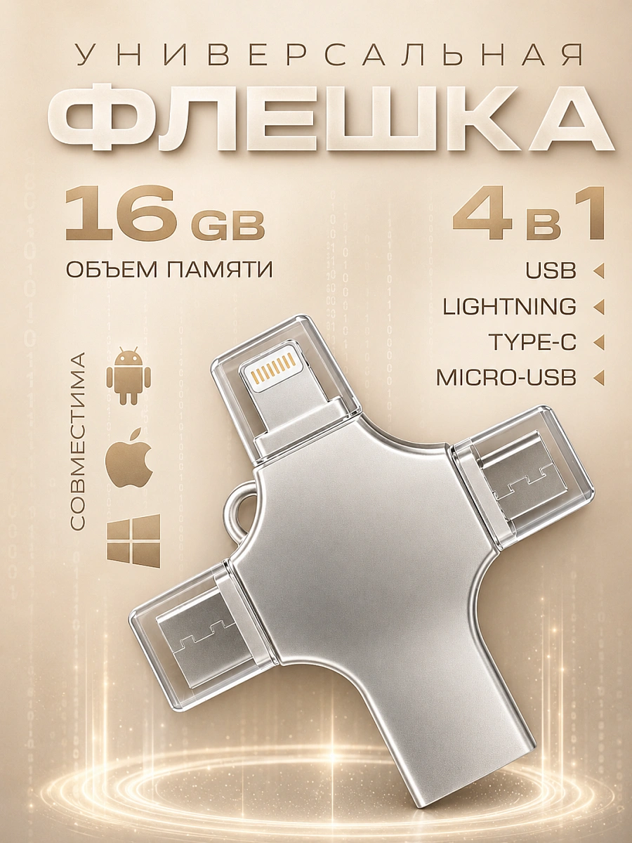 Внешний накопитель 4 в 1 USB флешка Lightning, MicroUSB, Type-C, USB, FLASH накопитель для iOS, Android, Windows, 16gb, Серебристый