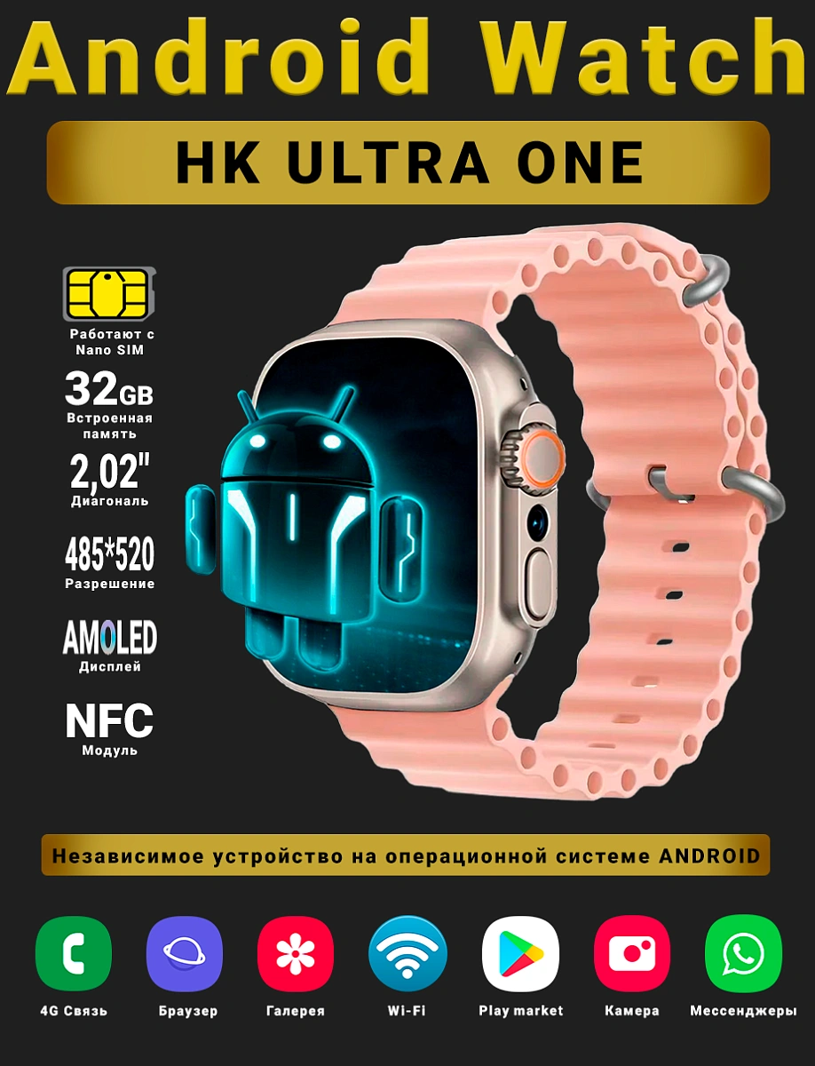 Часы мужские, Android Watch HK Ultra One, Умные часы PREMIUM Series, наручные мужские и женские, AMOLED дисплей 485*520, Wi-fi, Bluetooth, Sim-карта, 4G, Звонки, 2 ремешка, Розовый