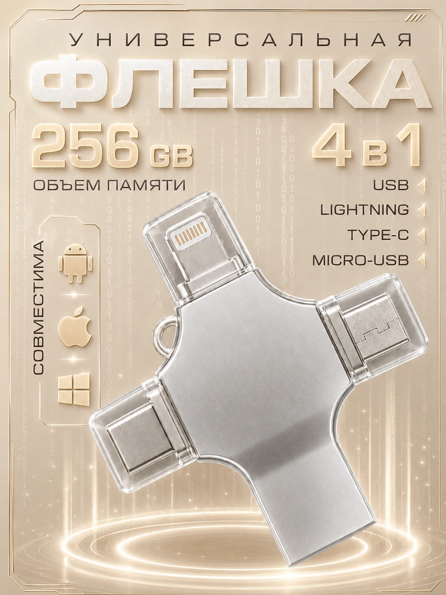 Внешний накопитель 4 в 1 USB флешка Lightning, MicroUSB, Type-C, USB, FLASH накопитель для iOS, Android, Windows, 256gb, Серебристый