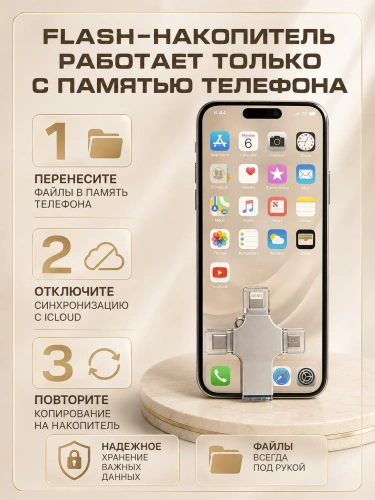 Внешний накопитель 4 в 1 USB флешка Lightning, MicroUSB, Type-C, USB, FLASH накопитель для iOS, Android, Windows, 32gb, Серебристый фото 8 Внешний накопитель 4 в 1 USB флешка Lightning, MicroUSB, Type-C, USB, FLASH накопитель для iOS, Android, Windows, 32gb, Серебристый фото 8