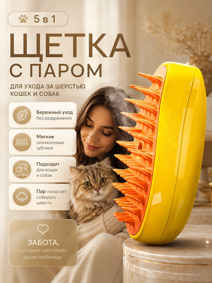 Паровая щетка для кошек и собак, расческа для животных с паром, массажная паровая щетка для животных, желтый