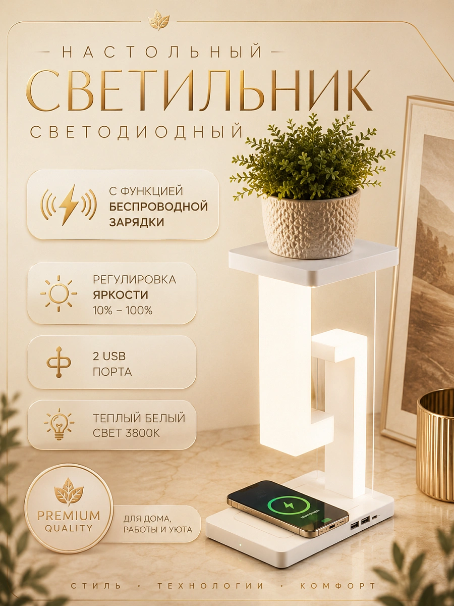 Светильник-ночник светодиодный настольный с беспроводной зарядкой, белый