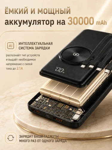 Внешний аккумулятор, Powerbank 30000 mAh, с беспроводной зарядкой, черный фото 4 Внешний аккумулятор, Powerbank 30000 mAh, с беспроводной зарядкой, черный фото 4