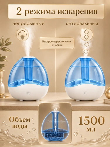Увлажнитель воздуха ультразвуковой с аромадиффузором и подсветкой, 1,5 л, белый фото 2 Увлажнитель воздуха ультразвуковой с аромадиффузором и подсветкой, 1,5 л, белый фото 2