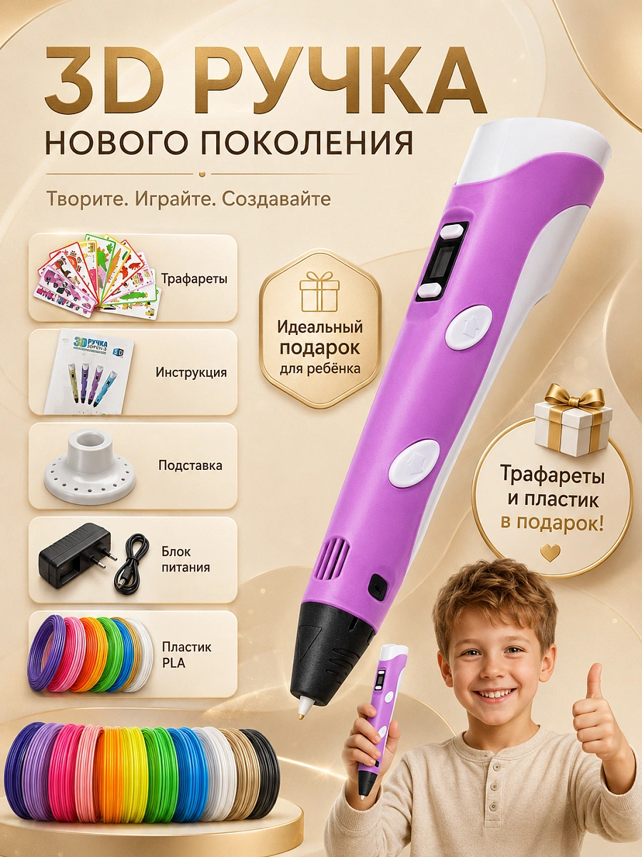 3Д Ручка детская 3DPEN-3, 3D ручка для творчества 3-го поколения, Набор для творчества с трафаретом и пластиком, Розовый