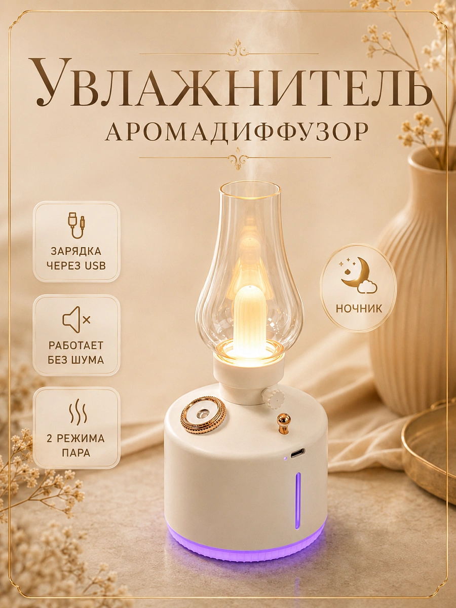 Аромадиффузор, ночник, увлажнитель воздуха, ультразвуковой, с подсветкой, белая