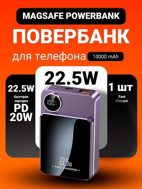 Внешний АКБ Магсейф для Apple iPhone 10000mAh, USB, Type-C, PD20W, Фиолетовый