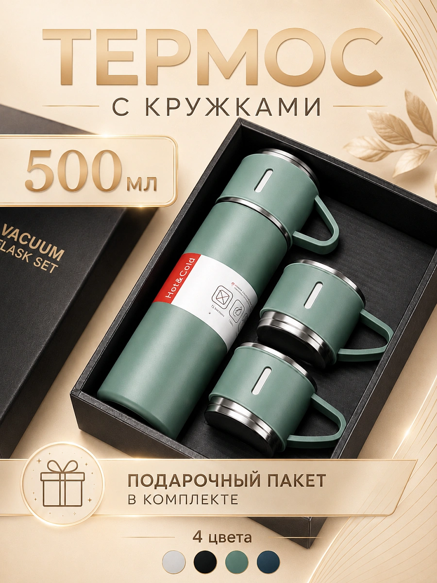 Термос с 3 кружками в комплекте, Термокружка для горячих напитков, Подарочный набор, 0,5 л, Зеленый