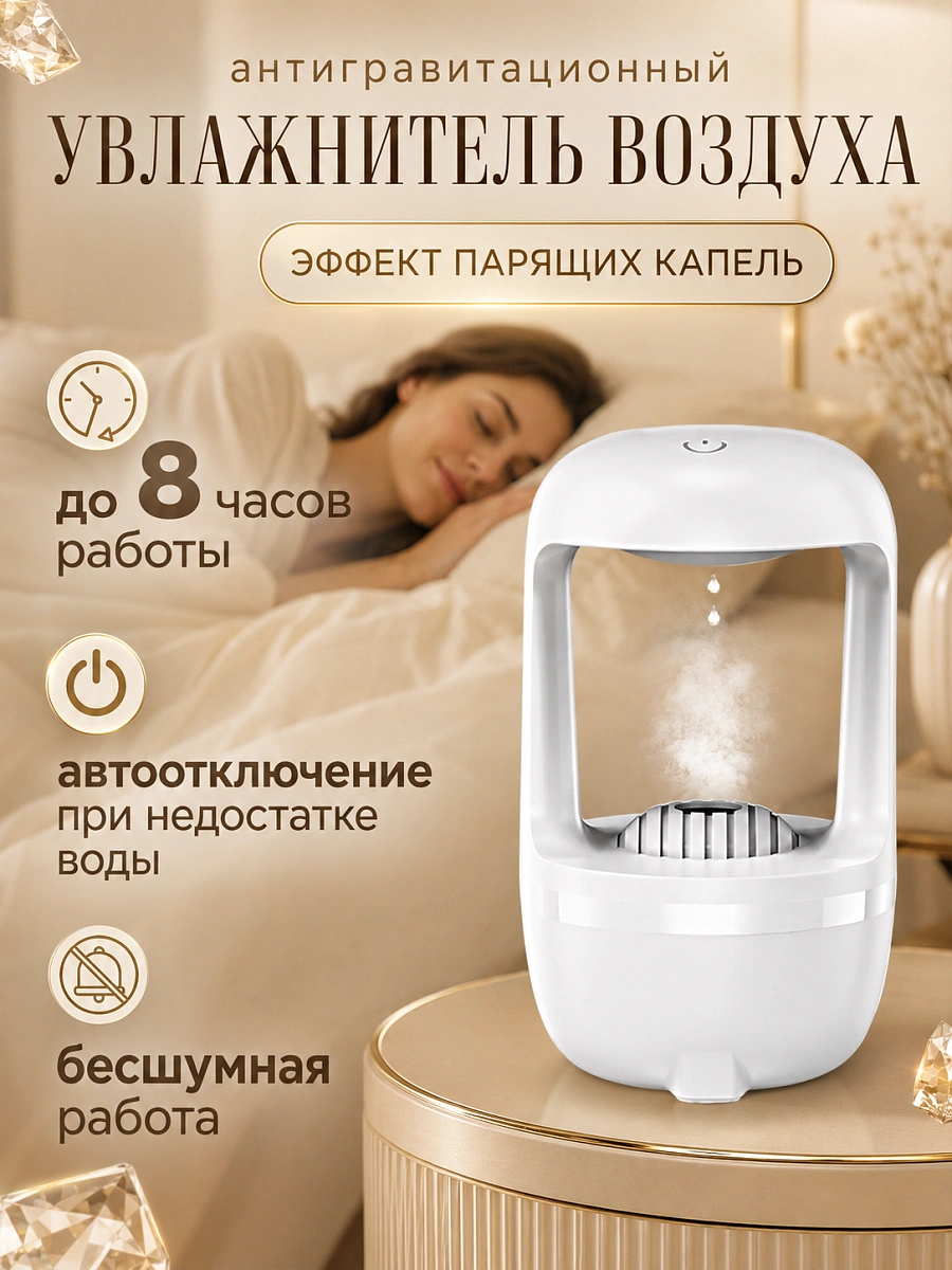 Увлажнитель воздуха ультразвуковой Антигравитационная капля с подсветкой, 500 мл, белый