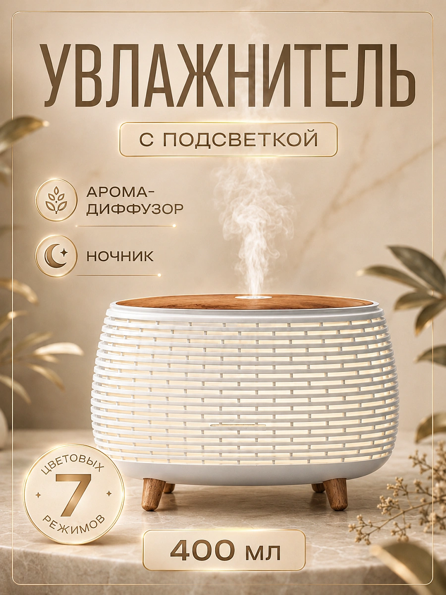 Увлажнитель воздуха ультразвуковой с аромадиффузором и 7 цветами подсветки, 400 мл, белый