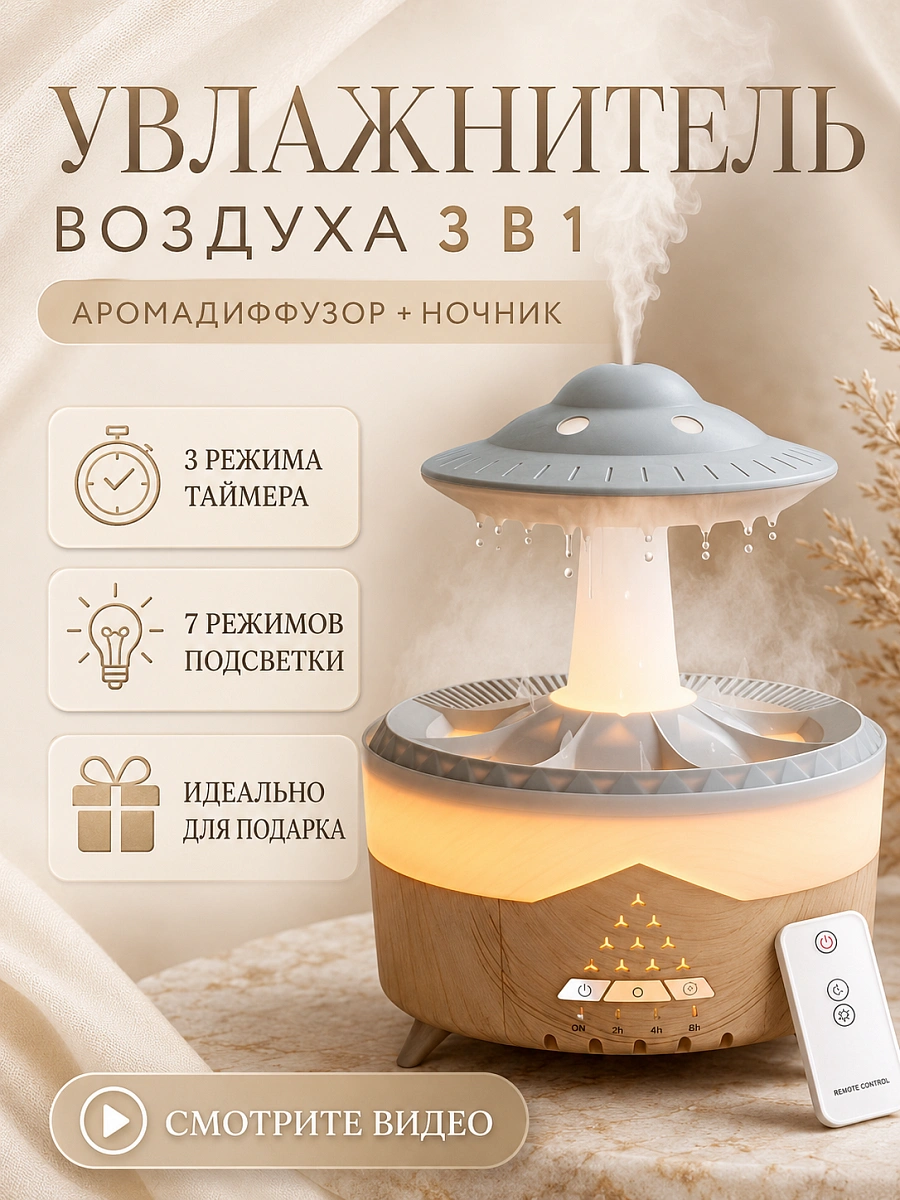 Увлажнитель воздуха ультразвуковой Гриб TWO с эффектом дождя, пультом и подсветкой, 350 мл, светлое дерево