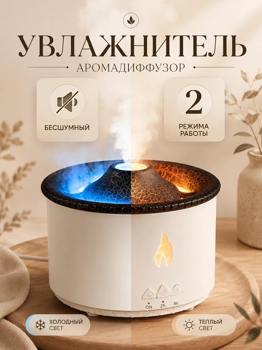Увлажнитель воздуха Вулкан, Аромадиффузор с имитацией пламени, Увлажнитель воздуха ночник настольный с подсветкой, Белый