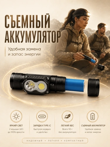 Фонарь налобный аккумуляторный с поворотом 90° и батареей 18650, черный фото 5