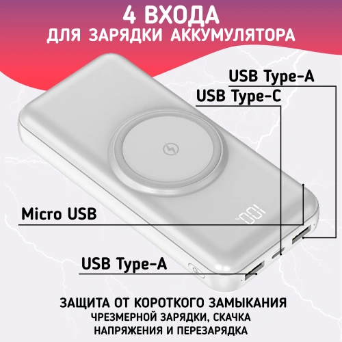 Повербанк 20000mAh, внешний аккумулятор с беспроводной зарядкой для iPhone и Android, Power Bank 4 провода, Белый фото 3 Повербанк 20000mAh, внешний аккумулятор с беспроводной зарядкой для iPhone и Android, Power Bank 4 провода, Белый фото 3