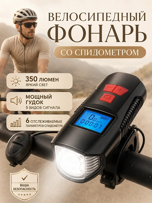 Велосипедная фара с компьютером и звуковым сигналом, 4 режима, красная