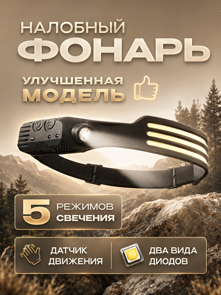Фонарь налобный аккумуляторный для туризма и рыбалки, регулируемый, черный