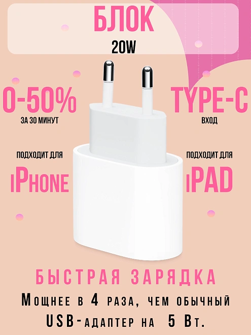 Сетевое зарядное устройство Premium 20W Type-C для телефона, айфона, iPad, AirPods, Android