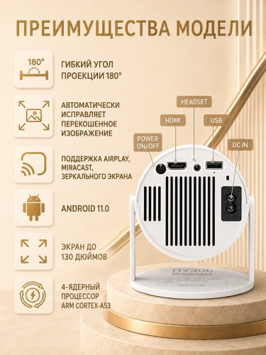 Проектор домашний кинотеатр Xiami HY300, Wi-Fi, Android, FullHD 1080p, Bluetooth, HDMI, белый фото 2