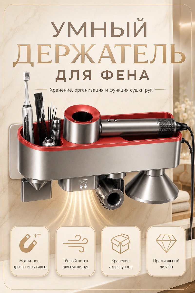 Держатель настенный для фена Dyson, Полка с органайзером для ванной, Cушилка для рук, Красный