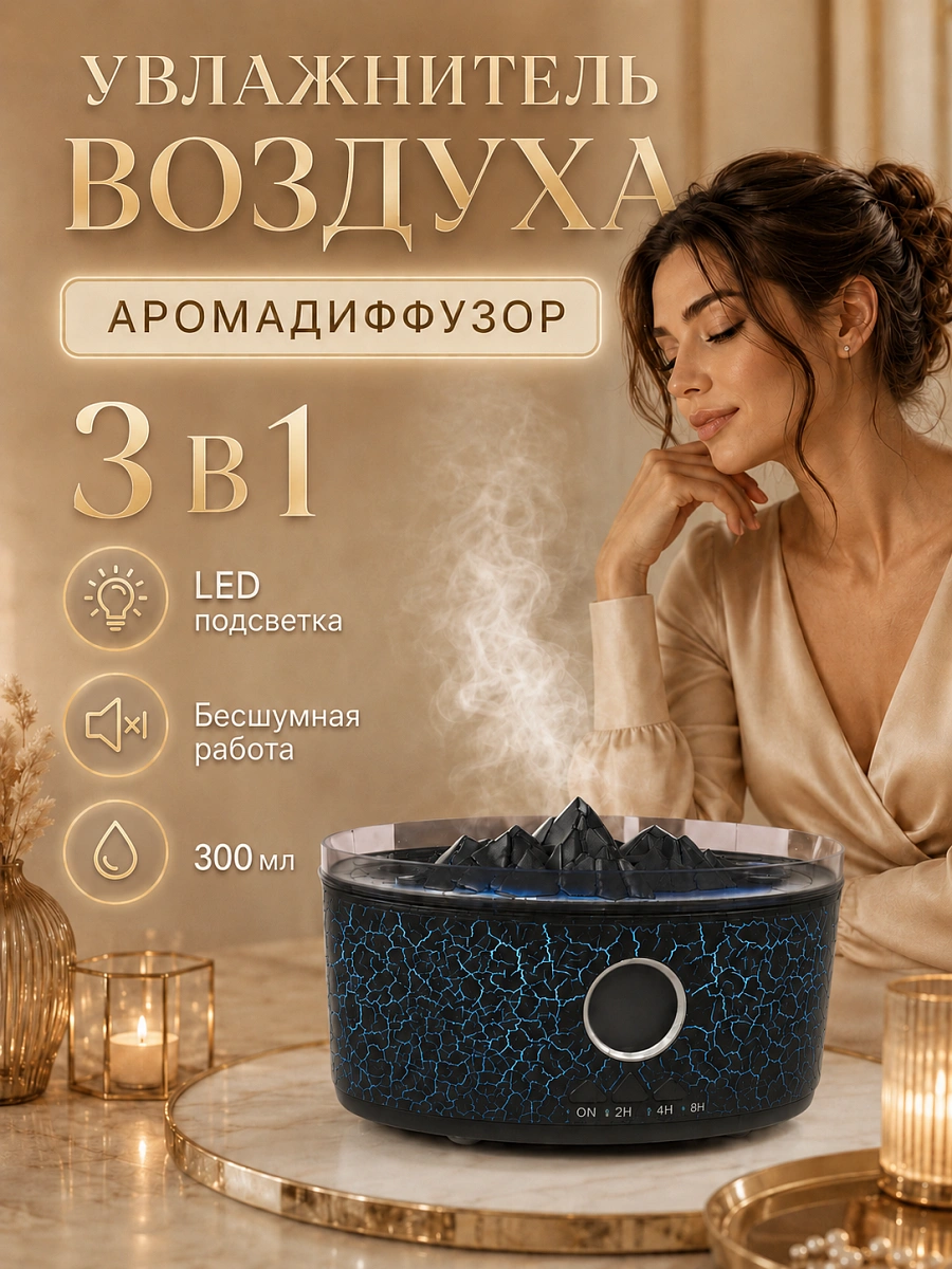 Увлажнитель воздуха ультразвуковой Вулкан с аромадиффузором и подсветкой, 300 мл, черный