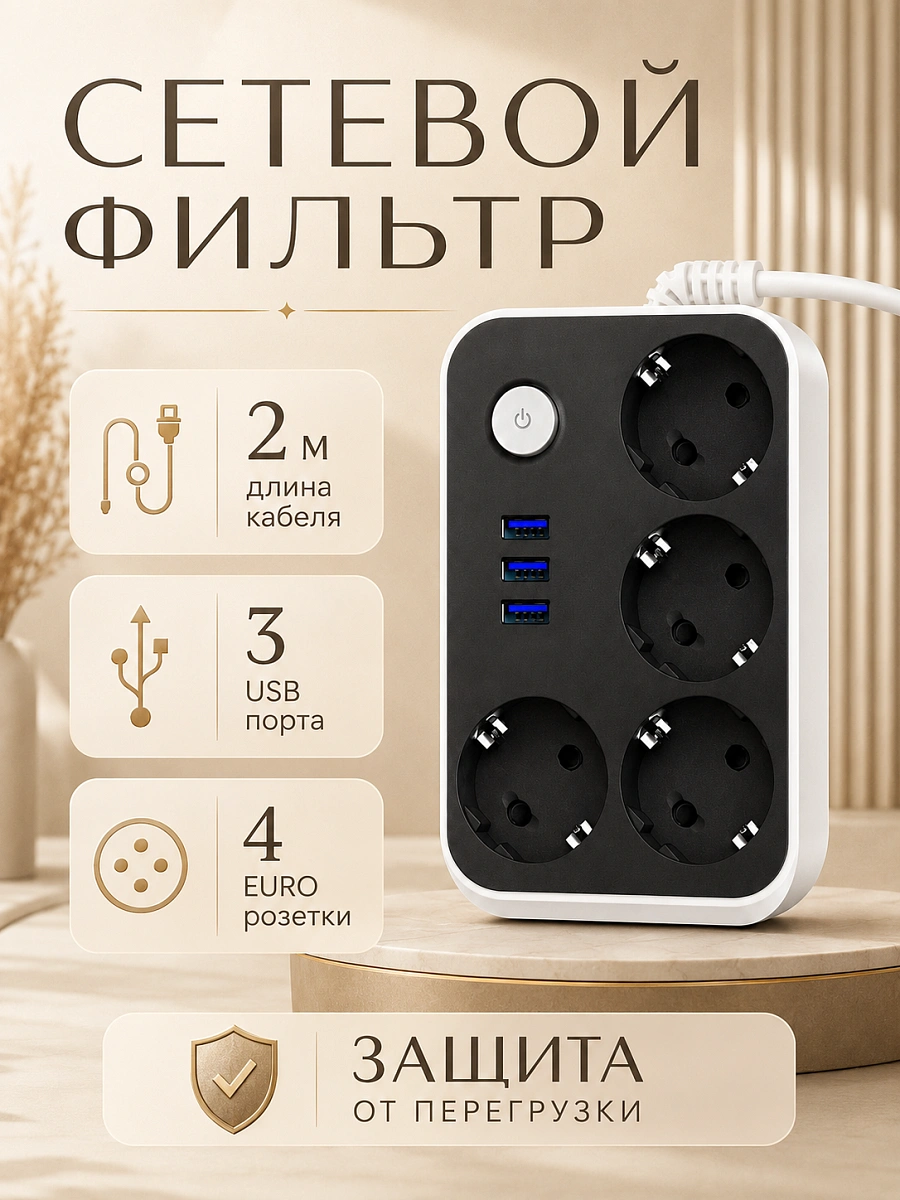 Сетевой фильтр U314 на 4 розетки с 3 USB и выключателем, 2500 Вт, черный