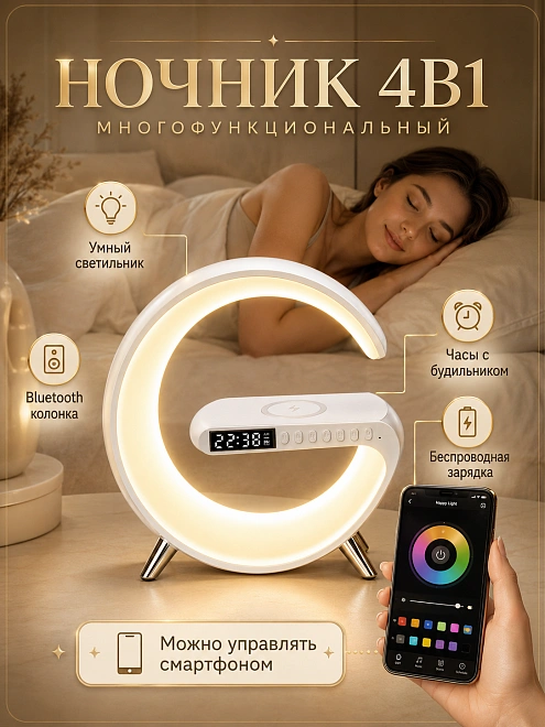 Умный светильник "Ночник", RGB, с беспроводной зарядкой, 15 Вт, белый