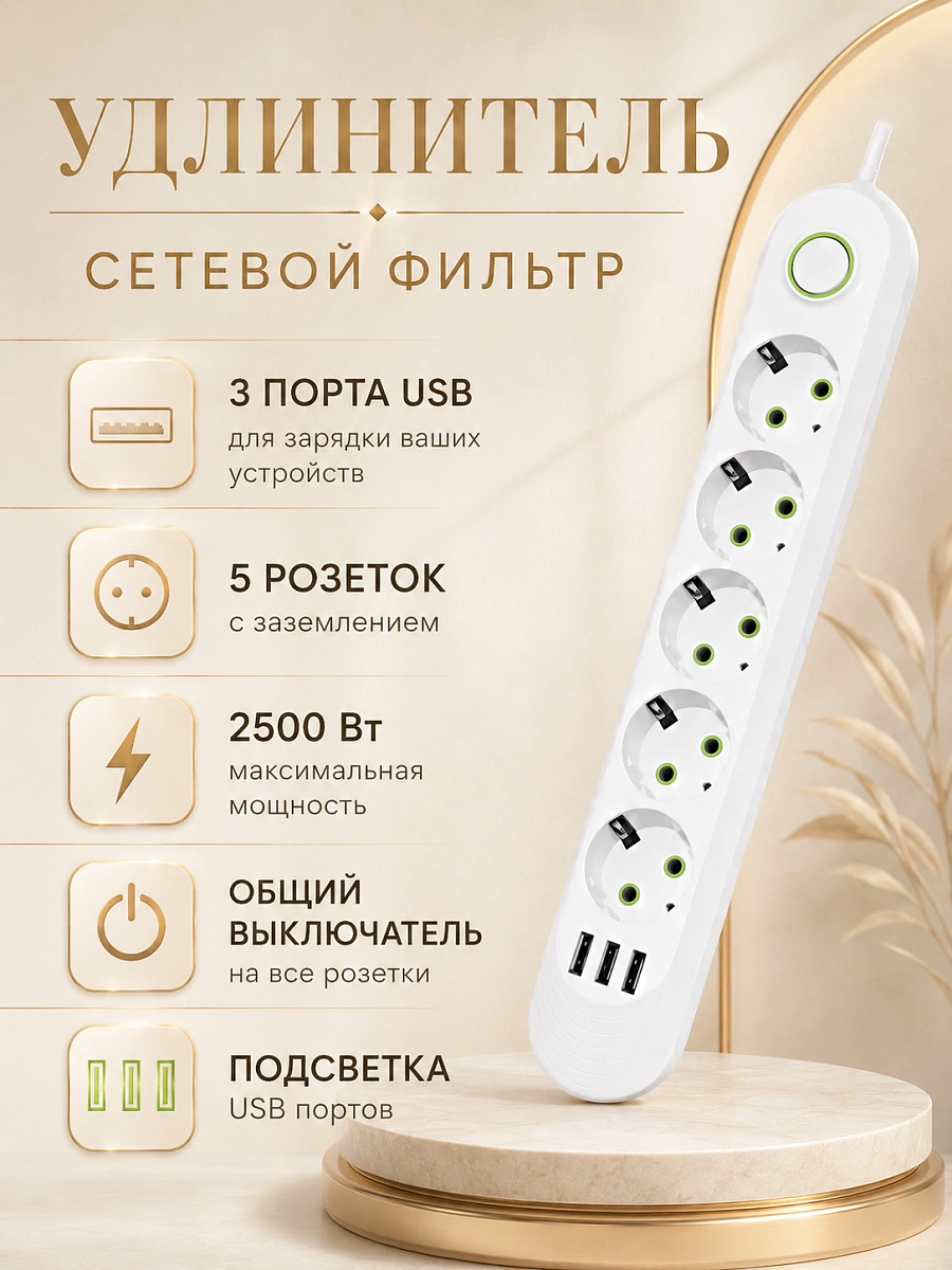 Сетевой фильтр-удлинитель на 5 розеток с 3 USB и выключателем, 2500 Вт, белый