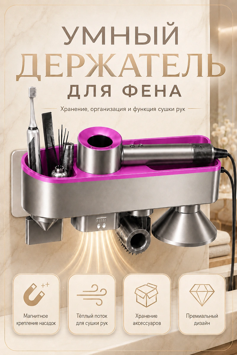 Держатель настенный для фена Dyson, Полка с органайзером для ванной, Cушилка для рук, Фуксия